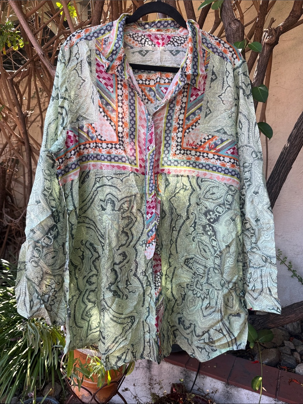 Johnny Was Light Green Paisley Button-Down Silk Shirt with Multicolor Trim